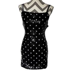 Honey Punch Sequins Mini Dress Sm Black White Polka Dots Backless HOCO Party